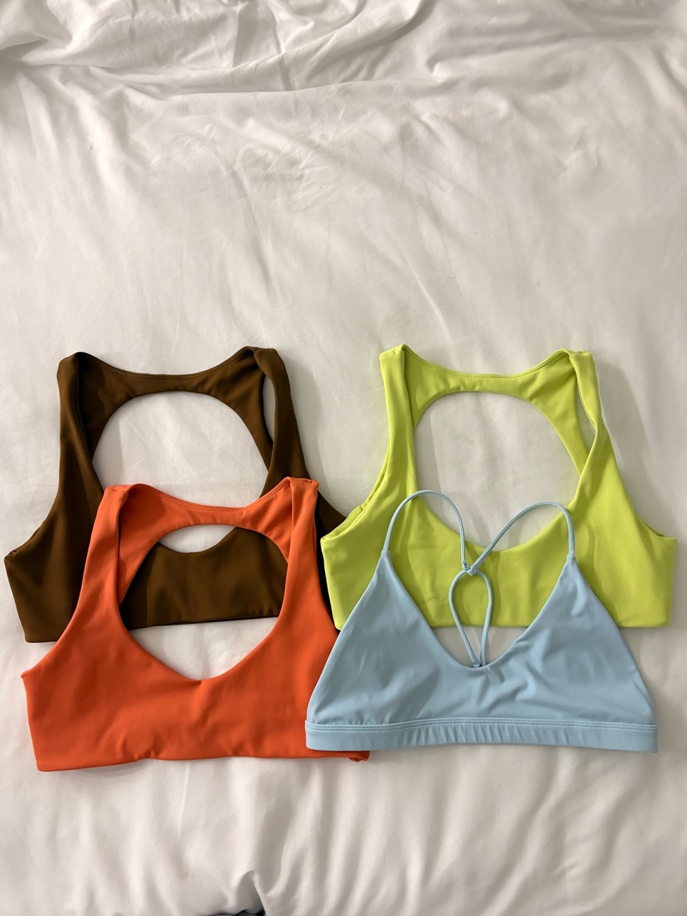 Bundle of 4 Sports Bras - Brown, Orange, lime green , & Light Blue